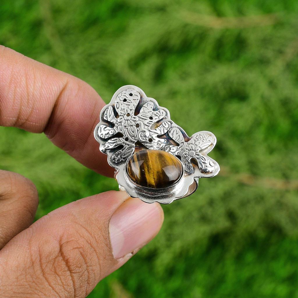 Natural TigerS Eye Gemstone 925 Silver Solitaire Adjustable Ring For Women