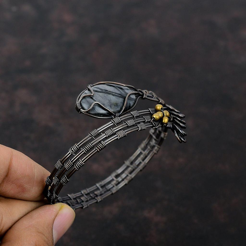 Браслет Пикассо с яшмой и драгоценным камнем, медная проволока, браслет, регулируемый браслет-манжета, браслет ручной работы, медная проволока, ювелирные изделия, подарок на помолвку