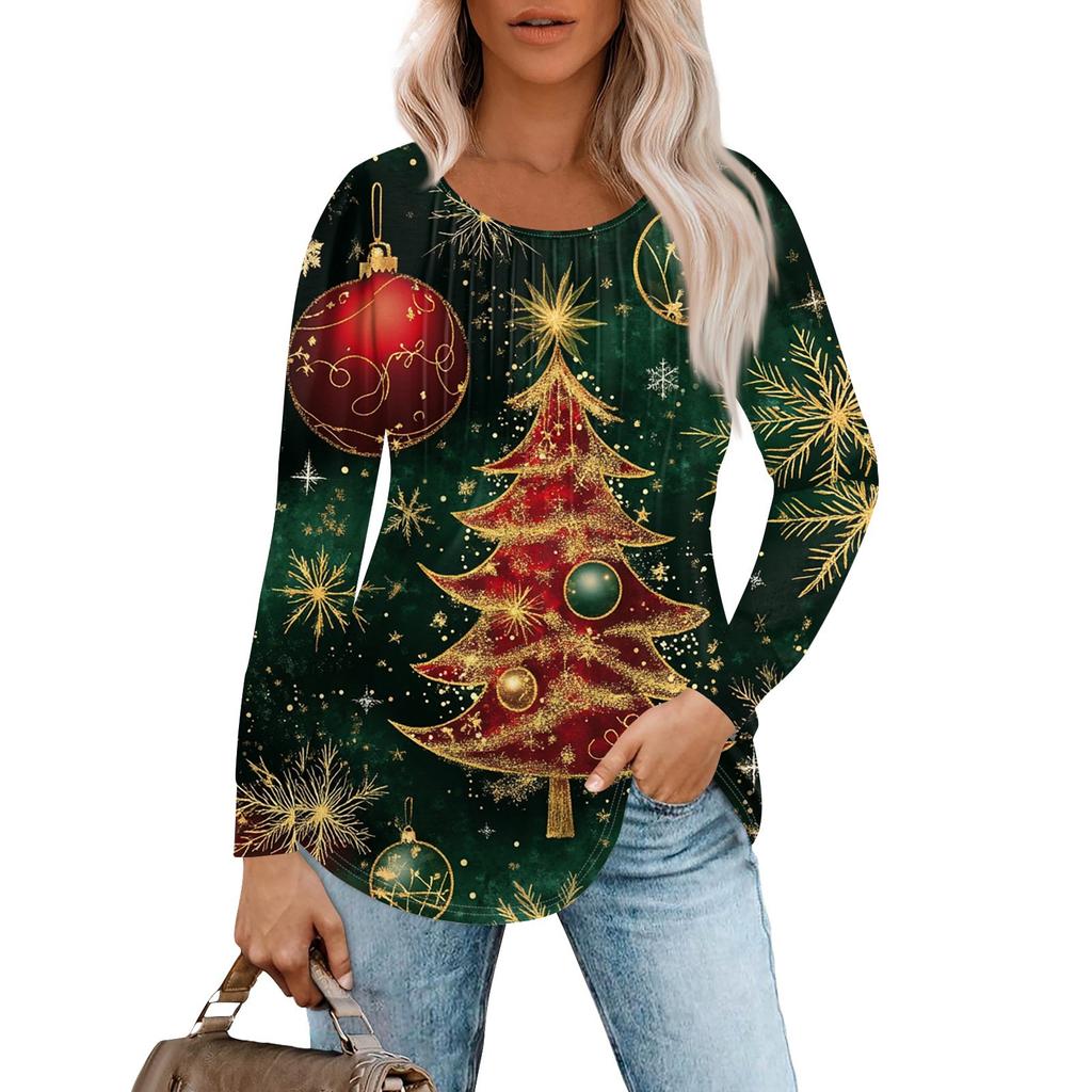 Women's Casual Top Christmas Printed Round Neck Long Sleeved Pleated T-shirt