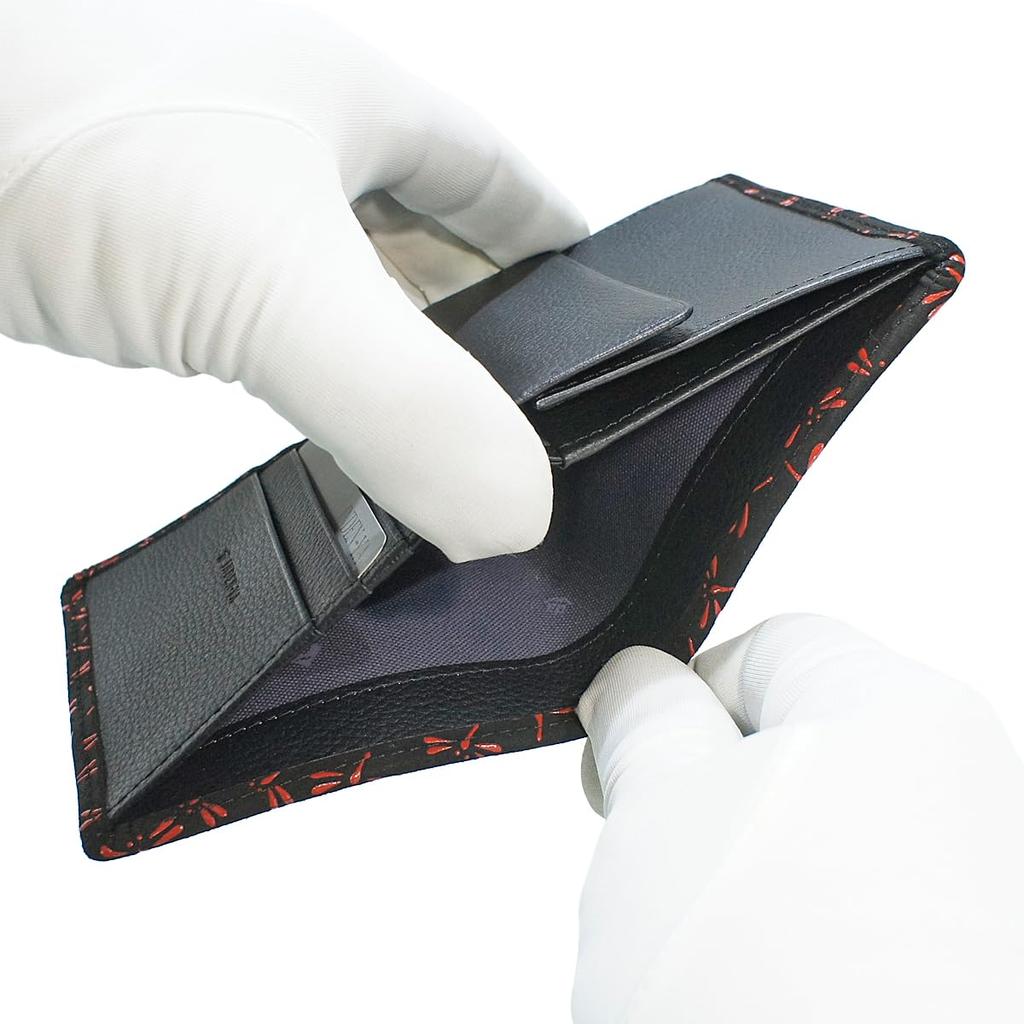 Inden Wallet Bifold Wallet Bill Z Thin Compact Deerskin Black x Red Lacquer Dragonfly Pattern [Indenya] 2013-21-008