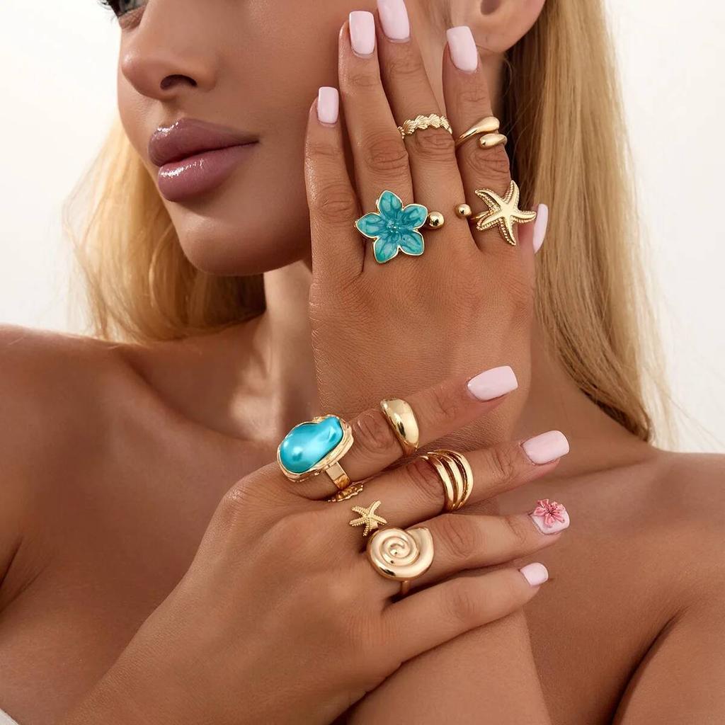 SHIXIN 10Pcs/Set Boho Beach Style Blue Flower Starfish Knuckle Ring Women Vintage Gold Color Irregular Open Joint Ring Jewelry