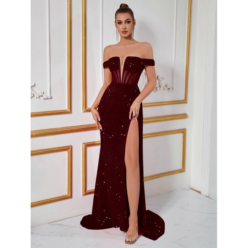 Elegant Sequin One-Shoulder Wrap Waist Long Dress Evening Party Formal Occasion