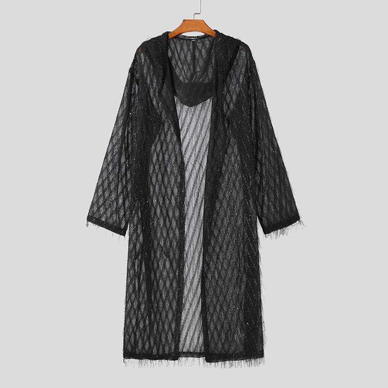 INCERUN Мужские прозрачные длинные кардиганы с кисточками и кимоно с открытым передом и капюшоном