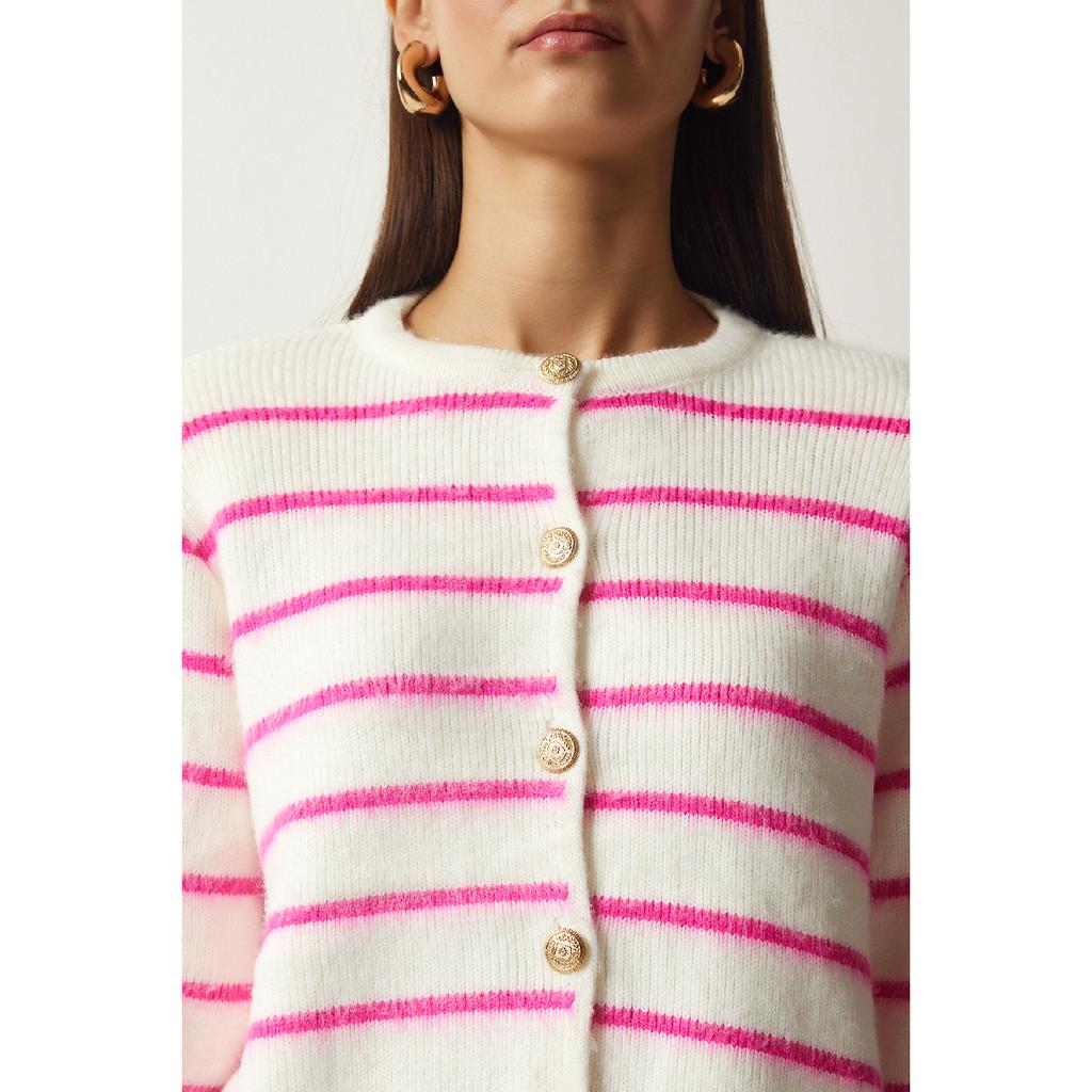 Женский костяной черный стильный трикотажный кардиган в полоску на пуговицах Pf00051