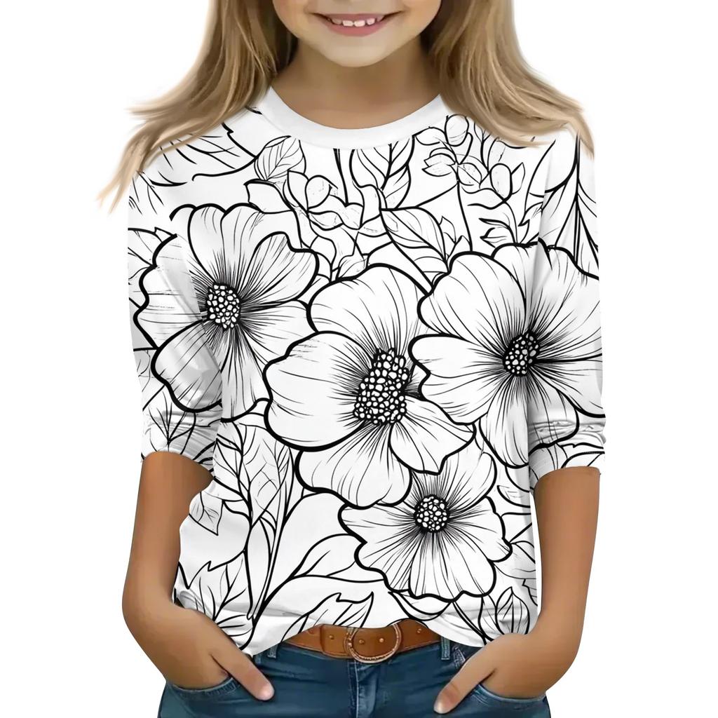 Детские топы с рукавами 3/4, футболка с принтом, круглый вырез, пуловер, блузка, детские раскрашенные вручную цветные топы