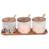 KKC Glass Condiment Storage Container with Wooden Stand and Storage Airtight Spice Storage Spoon, Container, Container, Sugar, Salt,
