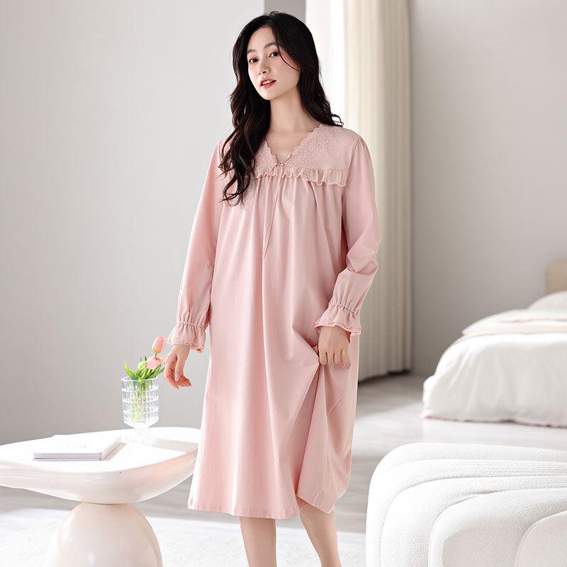Пижама Женская Весна и Осень Хлопковая Пижама с Длинным Рукавом Юбка Кружево Кружево Можно Носить На Улицу Средней Длины До Колена Домашняя Одежда