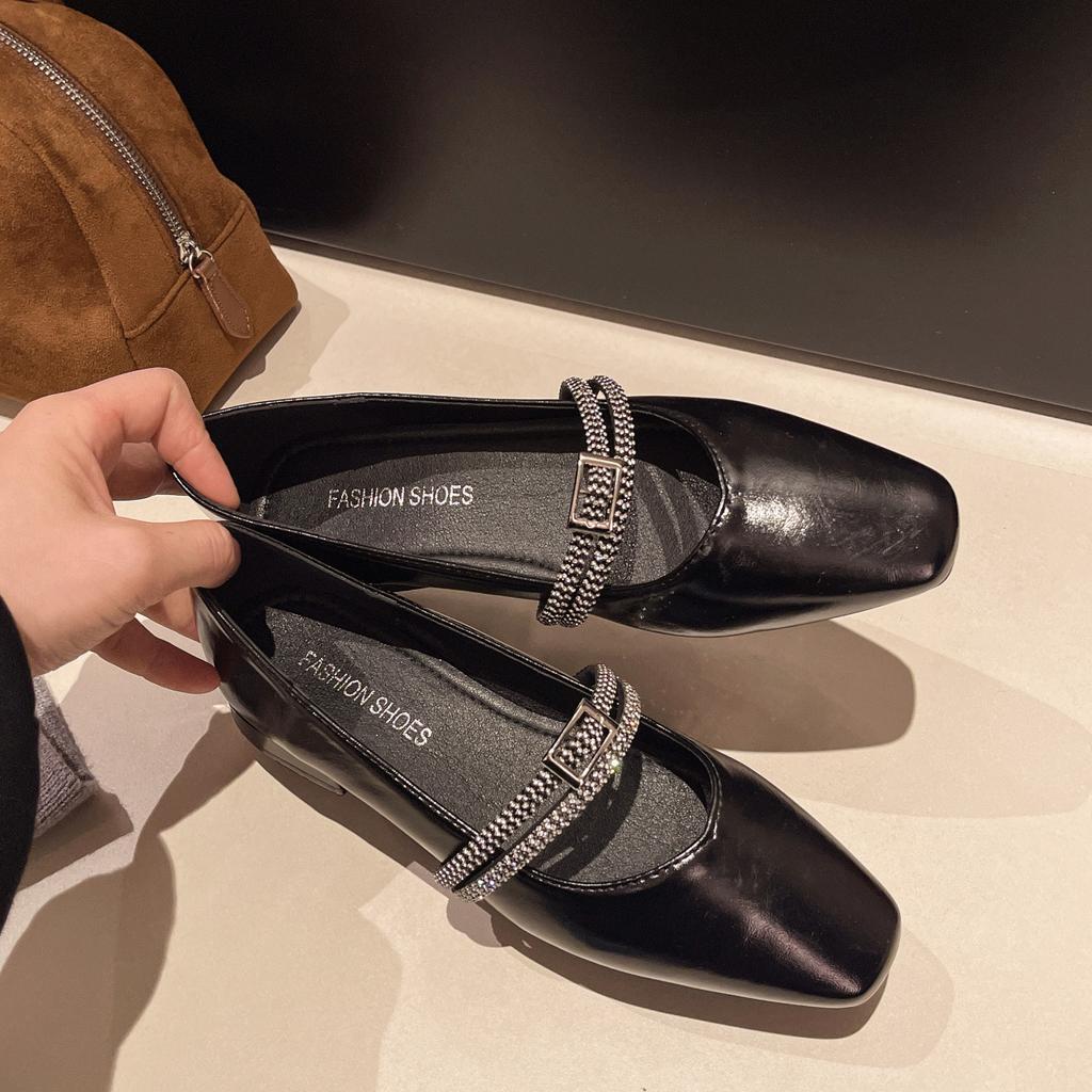 Low-heeled Square-headed Mary Jane Shoes Women's Shoes Spring 2025 New Shallow Mouth One-word Strap with Skirt French Single Shoes