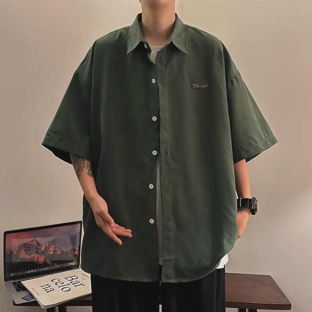 Men's Lapel Five-Point Sleeve Summer Shirt – Solid Color, Youthful Fashion