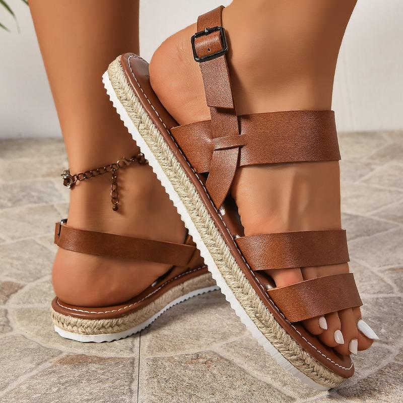 Sandals Women Ladies Summer Solid Colour Simple Retro Ankle Strap Round Head Flat Bottom Plus Size Roman Shoes Comfyfor Women