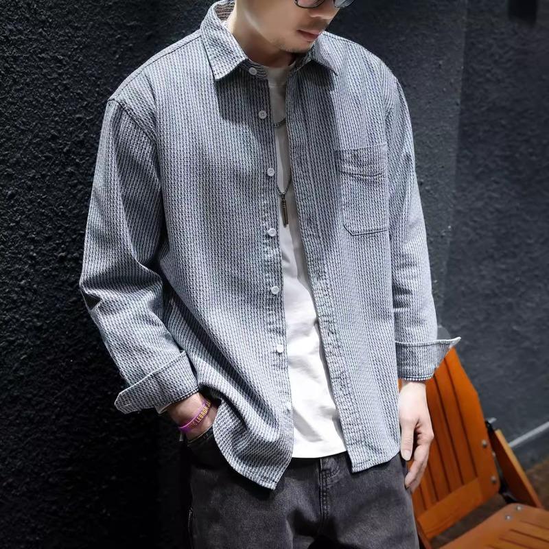 Мужская винтажная рубашка Turtlenker Trendy All-Match Loose Casual Striped Long Sleeves Denim Shirt
