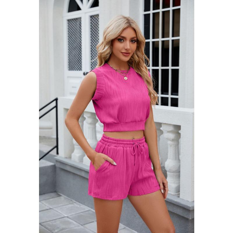 Summer Sleeveless Top Solid Color Crew Neck T-Shirt Drawstring Pocket Shorts Set