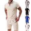 Summer Autumn Men's Polo Neck Waffle Shorts Suit Casual T Shirt Sports Short Sleeve Two-piece Set Trendy Brand