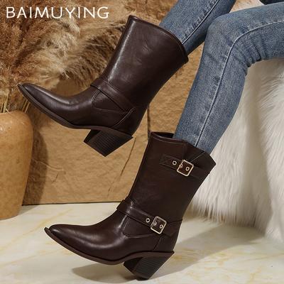 Зимние женские ботильоны на толстой подошве с острым носком, дизайнерские кожаные туфли на среднем каблуке в стиле ретро 2025 года, классические туфли-лодочки в готическом стиле Botas De Mujer