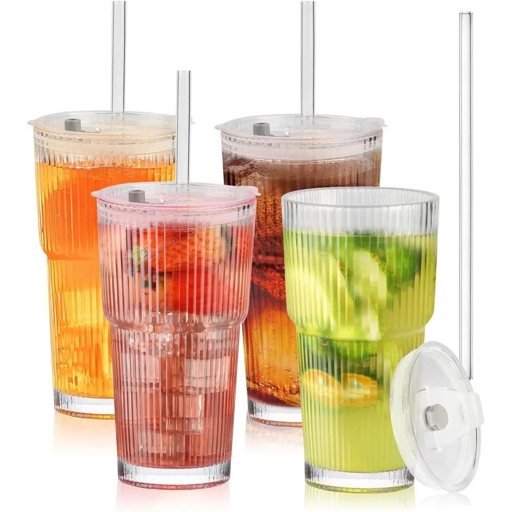1 PC 610ml Stripe Glass Cup Transparent Glasses With Lid and Straw Ice Coffee Mug Tea Cup Juice Glass Milk Water Cup Drinkware