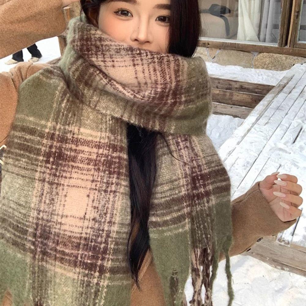 Mohair Winter Cashmere Scarves Tassel Long Shawl Retro Plaid Wool Scarf Student