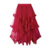 Women Cake Skirt Mid-rise Elastic Waist Irregular Hem Midi Skirt Solid Color Mesh Swing Long Skirt Daily Wear