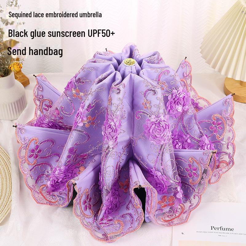 Черный зонт с вышивкой в стиле ретро и защитой от УФ-излучения - двойного назначения для женщин