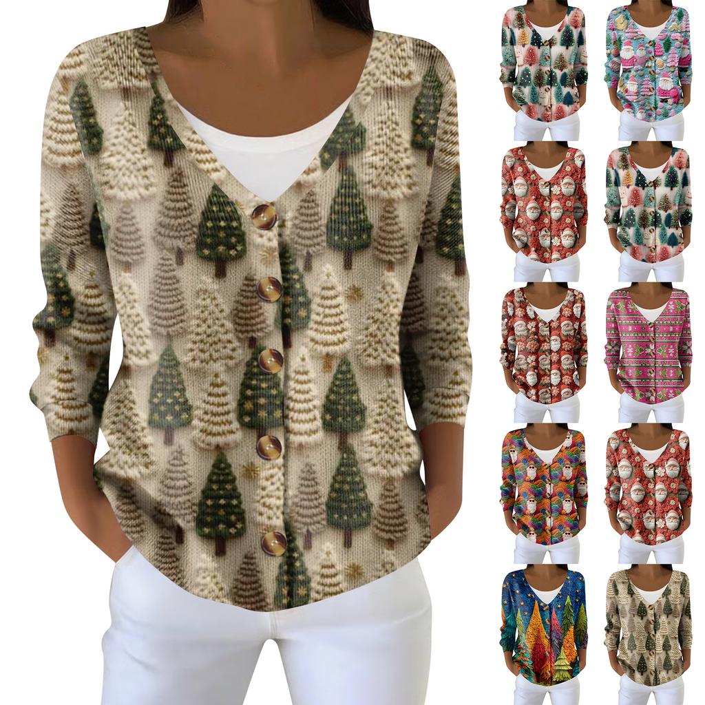 Women's Fashion Long Sleeve Christmas Snowman Snowflake Print Jacket Cardigan