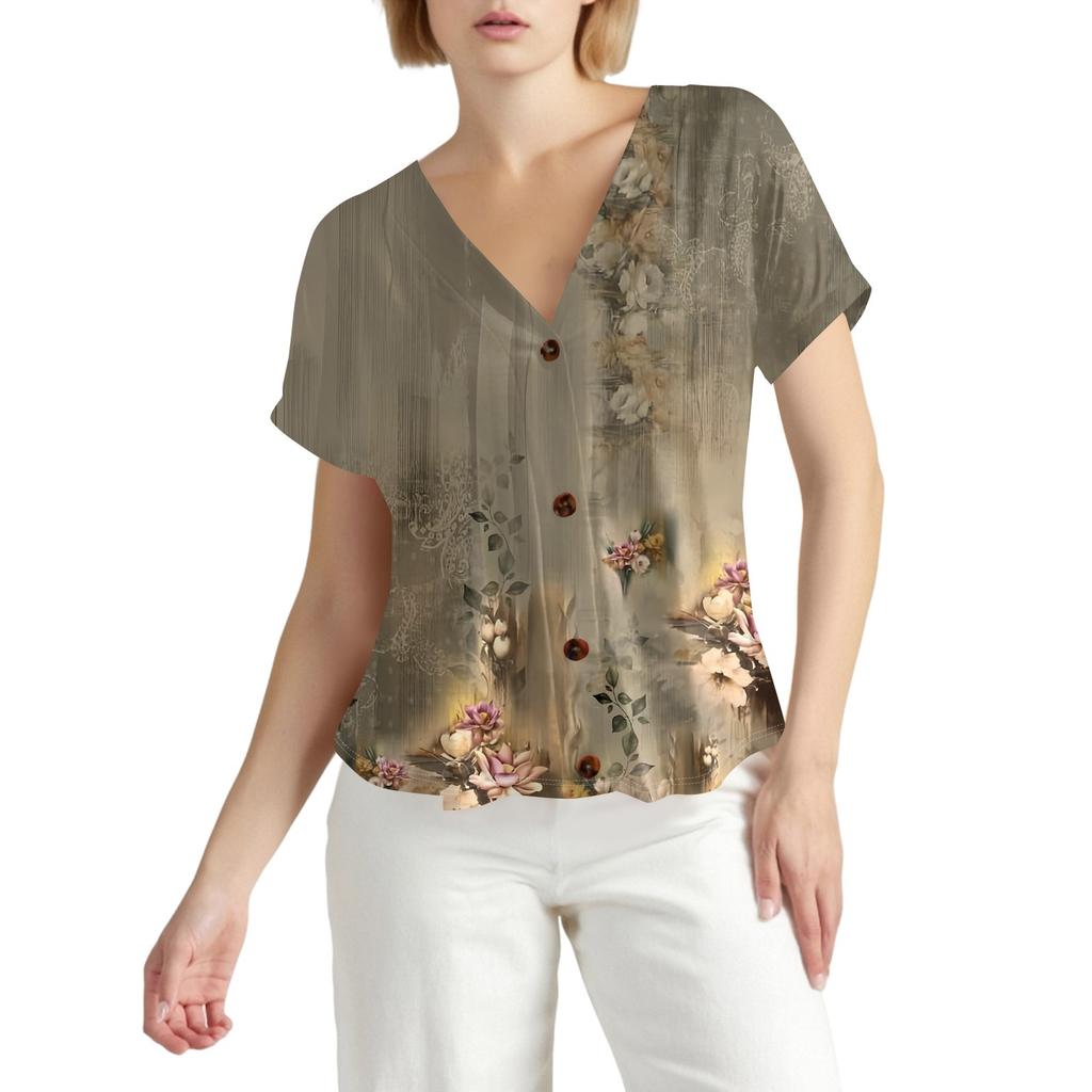 Женская модная повседневная футболка с короткими рукавами и V-образным вырезом, цветочным принтом и застежкой на пуговицы