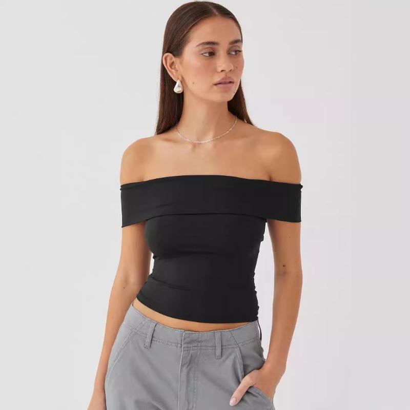 Летняя новая сексуальная футболка на одно плечо без бретелек, женская модная однотонная облегающая повседневная футболка, женская элегантная укороченная футболка с открытыми плечами 24770