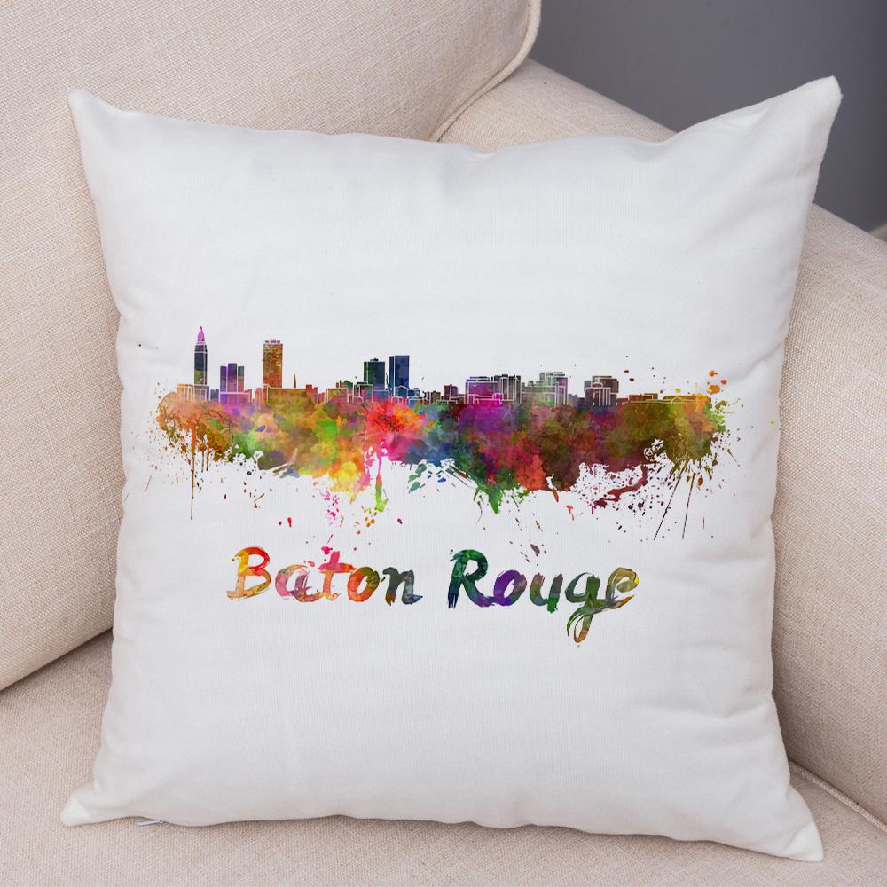 Watercolor City Skyline Cushion Cover Global Landmarks Art Print Soft Linen Living Room Bedroom Home Decor Pillow Case
