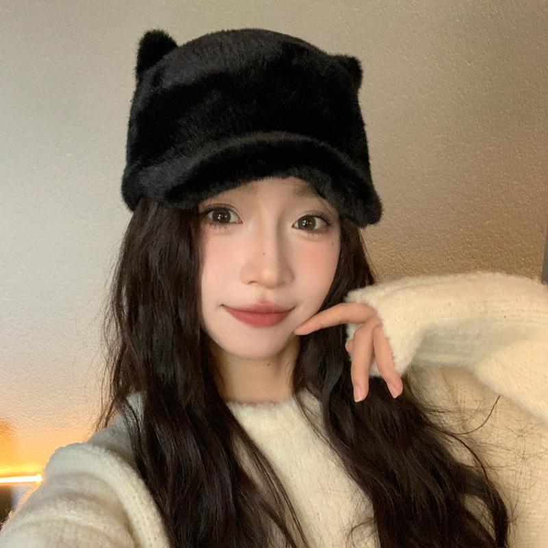 Шапка женская имитация норки медвежьи ушки кепка милая милая студенческая теплая плюшевая шапка