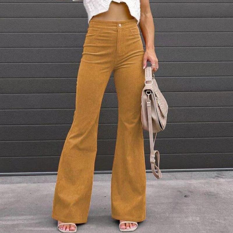 Зимние повседневные однотонные расклешенные брюки женские элегантные коричневые вельветовые брюки офисные женские брюки с эластичной резинкой на талии 24341