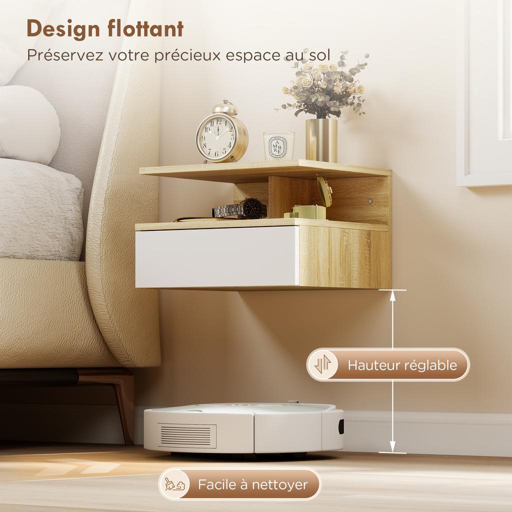 Set of 2 Wall-Mounted Nightstands, Drawer and Open Shelf, 35x32x22.5 cm, White and Oak
