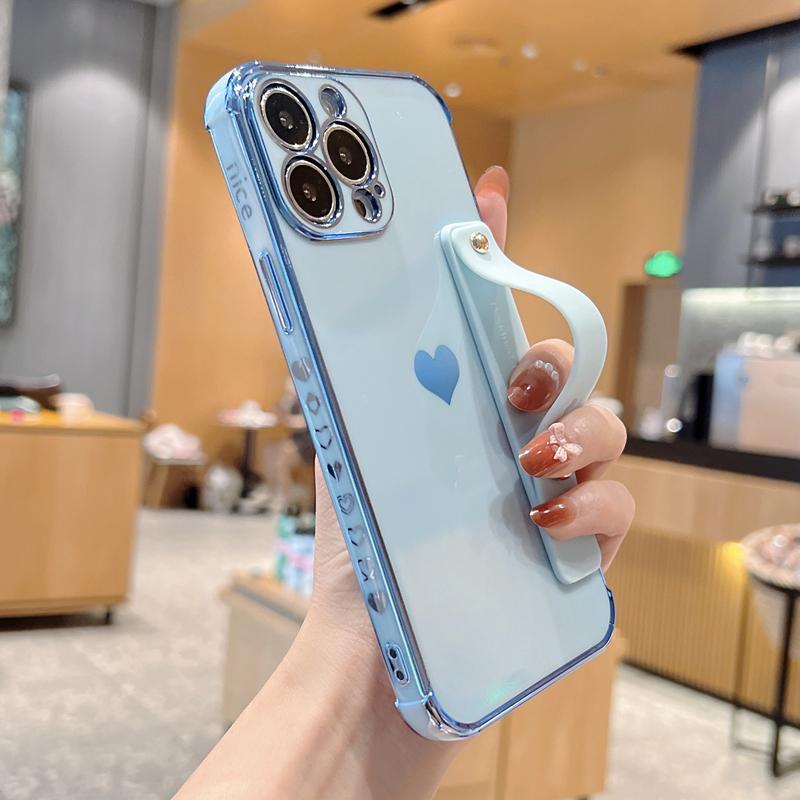 Корейский милый гальванический чехол с ремешком в форме сердца для iPhone 14 13 Mini 12 11 Pro Max X XS XR 7 8 Plus, ударопрочный чехол-подставка