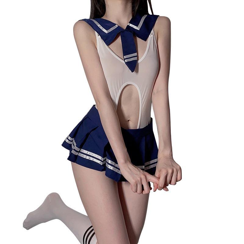 Sex lingerie sexy fat M student uniform open crotch onesie college suit passion sailor dead library water