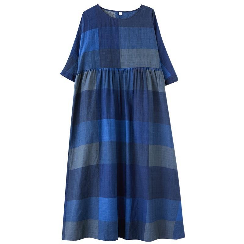 Реальное фото Лето Новое Хлопок и Лен Литературное Свободное Круглый вырез Короткий рукав Богемное Платье средней длины Женское