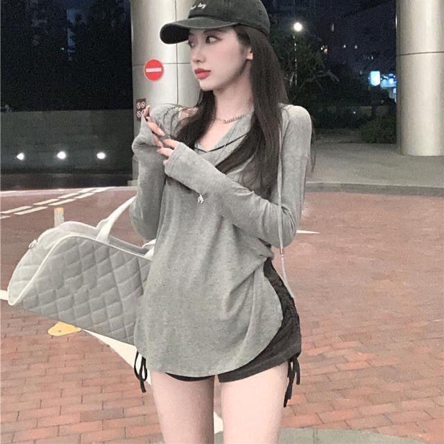 Ins Тонкая свободная футболка с длинными рукавами и капюшоном, дизайн интернет-знаменитостей, высокая талия, пуговицы на шнуровке