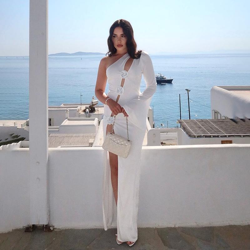 Весеннее женское модное платье с косым плечом, одним рукавом, ажурной розой, высоким разрезом