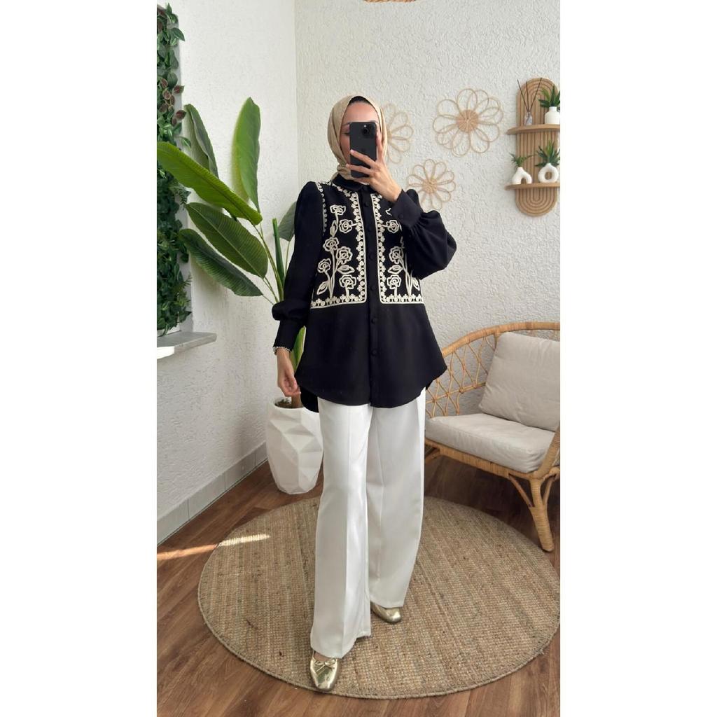 Women's Hijab Custom Made Embroidery Detailed Vintage Shirt Black