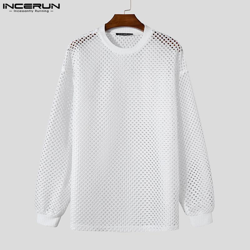 INCERUN Мужские однотонные сетчатые футболки с длинным рукавом и открытыми топами