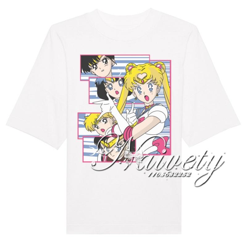 2026 Summer High Quality Pure Cotton Sailor Moon Cartoon Print Tee Oversized Casual Tops Family Unisex Clothes For Kids Adult