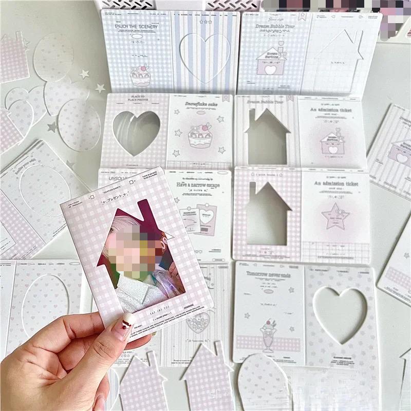 30Pcs Korean INS Cute Plaid House/heart Hollow Window Folding Back Card Kpop 3-inch Photo Card DIY Decor Packing Fixed Cardboard