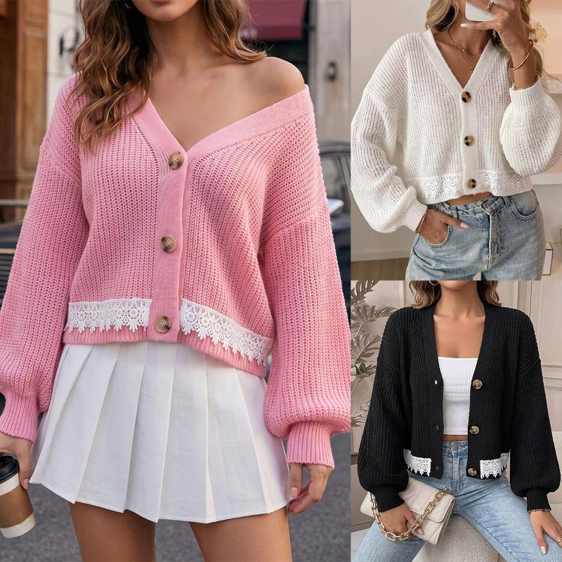 Women S Loose Fit Long Sleeve Lace Spliced Knit Cardigan
