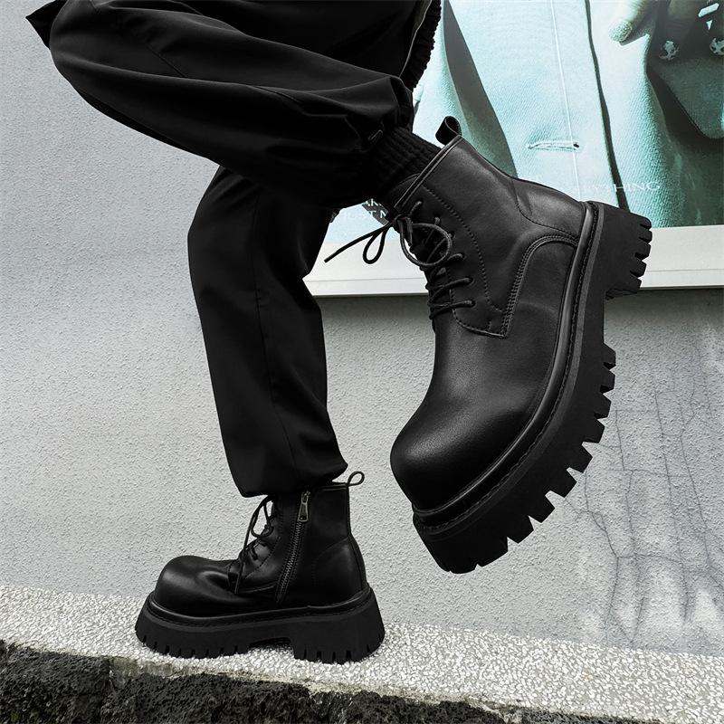 Ботинки мартин мужские зимние бархатные высокие кожаные ботинки в британском стиле, ботинки на толстой подошве с увеличением высоты, средней высоты, короткие ботинки 24329-J