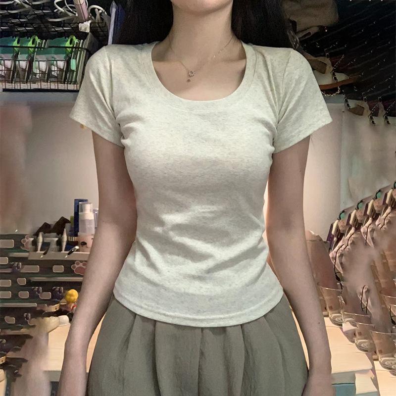Летние футболки с короткими рукавами и круглым вырезом, женские однотонные тонкие серые топы, нижняя рубашка