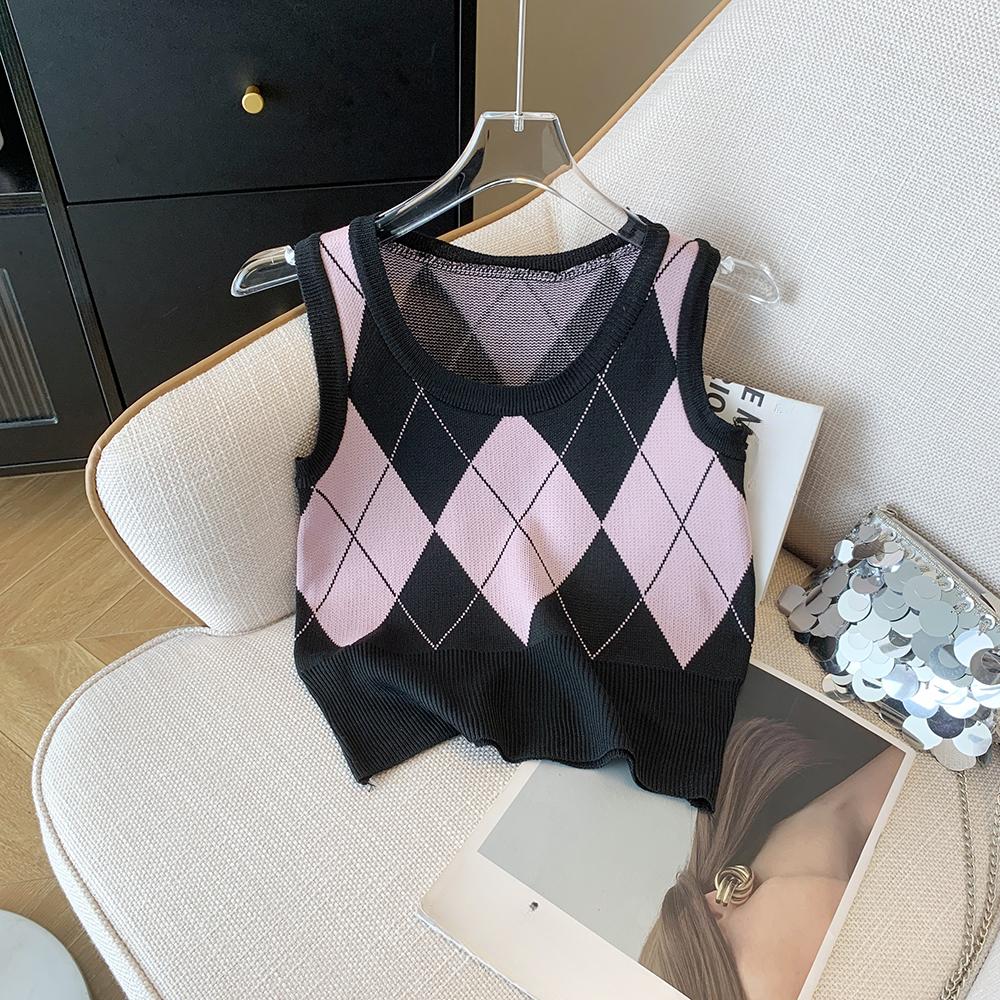 Autumn Fashion Casual Argyle Knitted Sweater Vest Women Winter Retro Sleeveless Pullover Sweater Women Waistcoat Round Neck Knitwear Vests 24821