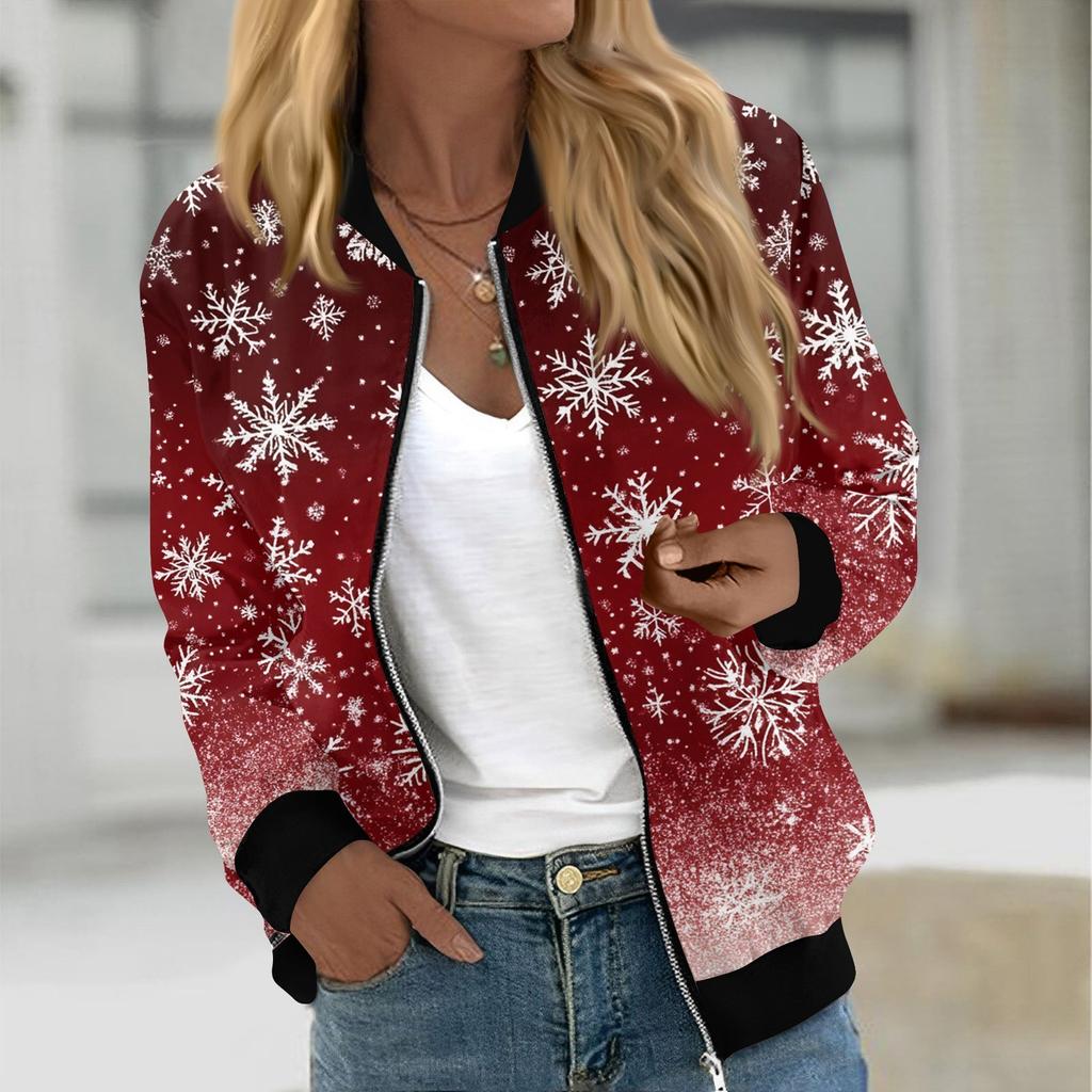 Куртки женские с длинным рукавом, легкие, на молнии, укороченные, модные, с рождественским принтом, верхняя одежда, повседневные, стеганые куртки с карманами