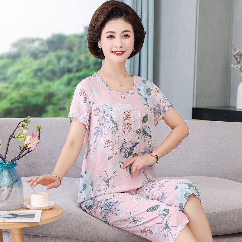 Женский летний хлопковый пижамный комплект больших размеров для женщин среднего и пожилого возраста - Домашняя одежда с короткими рукавами, подходящая для ношения на улице