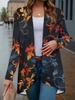 Women's 3D Floral Leaf Print Cardigan, Golden Orange Long Sleeve Coat, Open Front Design, Elegant Casual Autumn Wear