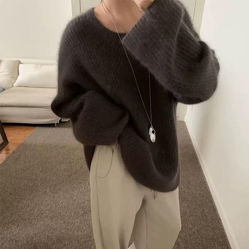 Женский свитер с французским круглым вырезом - Осень/Зима, Свободный крой, Мягкая вязка, Ленивый стиль, Толстый дизайн