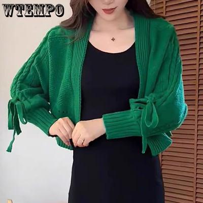 Вязаный кардиган с завязкой-бабочкой для женщин, свитер с V-образным вырезом и рукавами «летучая мышь» для женщин