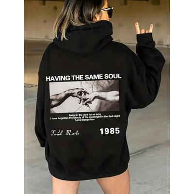 С принтом «Та же душа» Женская толстовка с капюшоном Harajuku Высококачественная модная повседневная толстовка Осенний свободный спортивный костюм Одежда