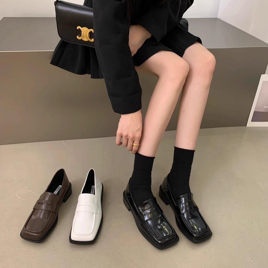 Лоферы на толстом каблуке с квадратным носком, весенне-осенние туфли-одиночки, женская обувь 2025, новая весна, черные, в стиле ретро, в британском стиле, маленькие кожаные туфли