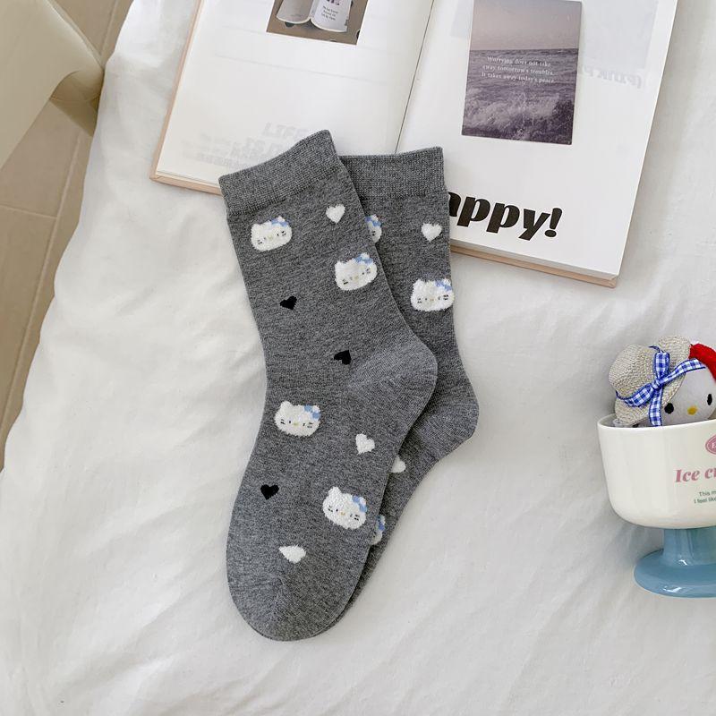Early Autumn Socks, Korean Cute Cartoon Bow Cat Medium Tube Socks Versatile Women'S Socks Boneless Cotton Socks